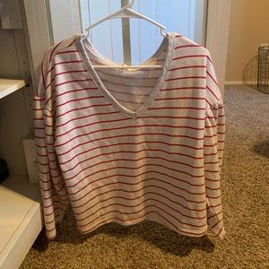 white & red striped long sleeve shirt v neck